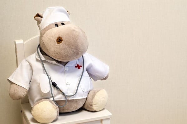 un hippopotame en peluche habillé en médecin