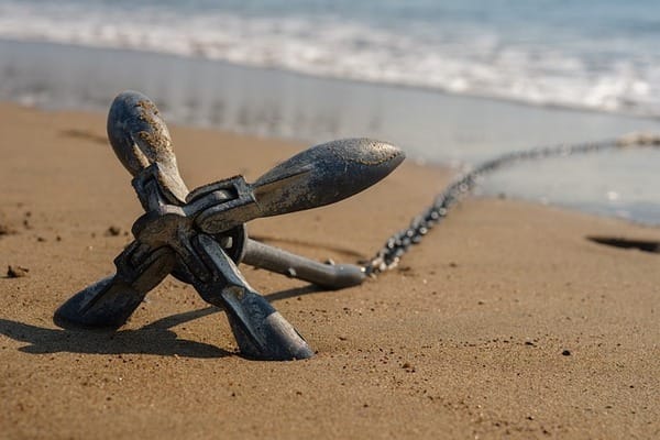 une ancre sur une plage avec la mer derrière